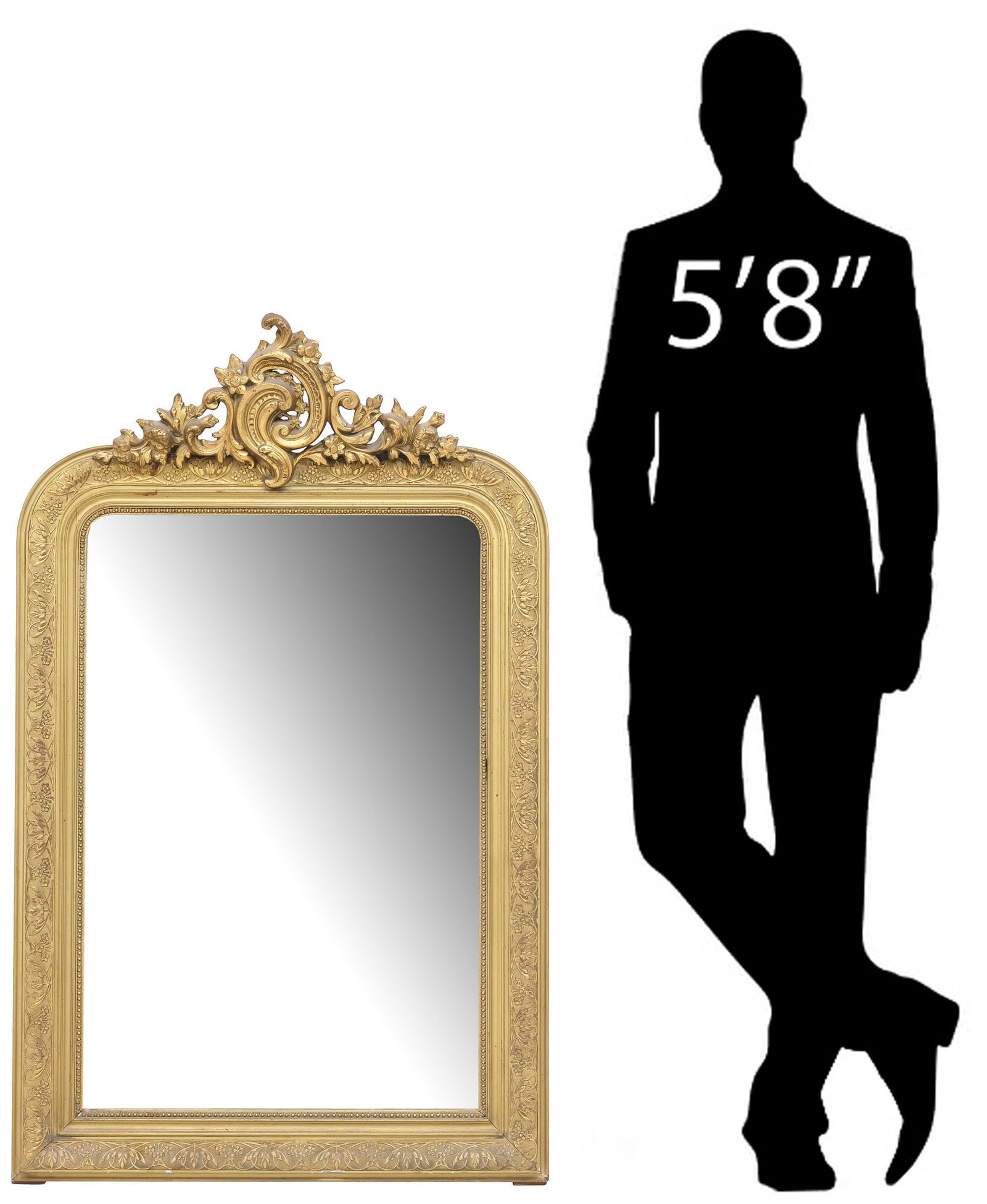 FRENCH LOUIS PHILIPPE PERIOD GILT-PAINTED WALL MIRROR: French Louis Philippe period wall mirror, mid 19th c., having scrolled foliate crest, over arched frame with beaded trim, in a later gilt-painted finish, encasing later beveled mirror plate, approx 50