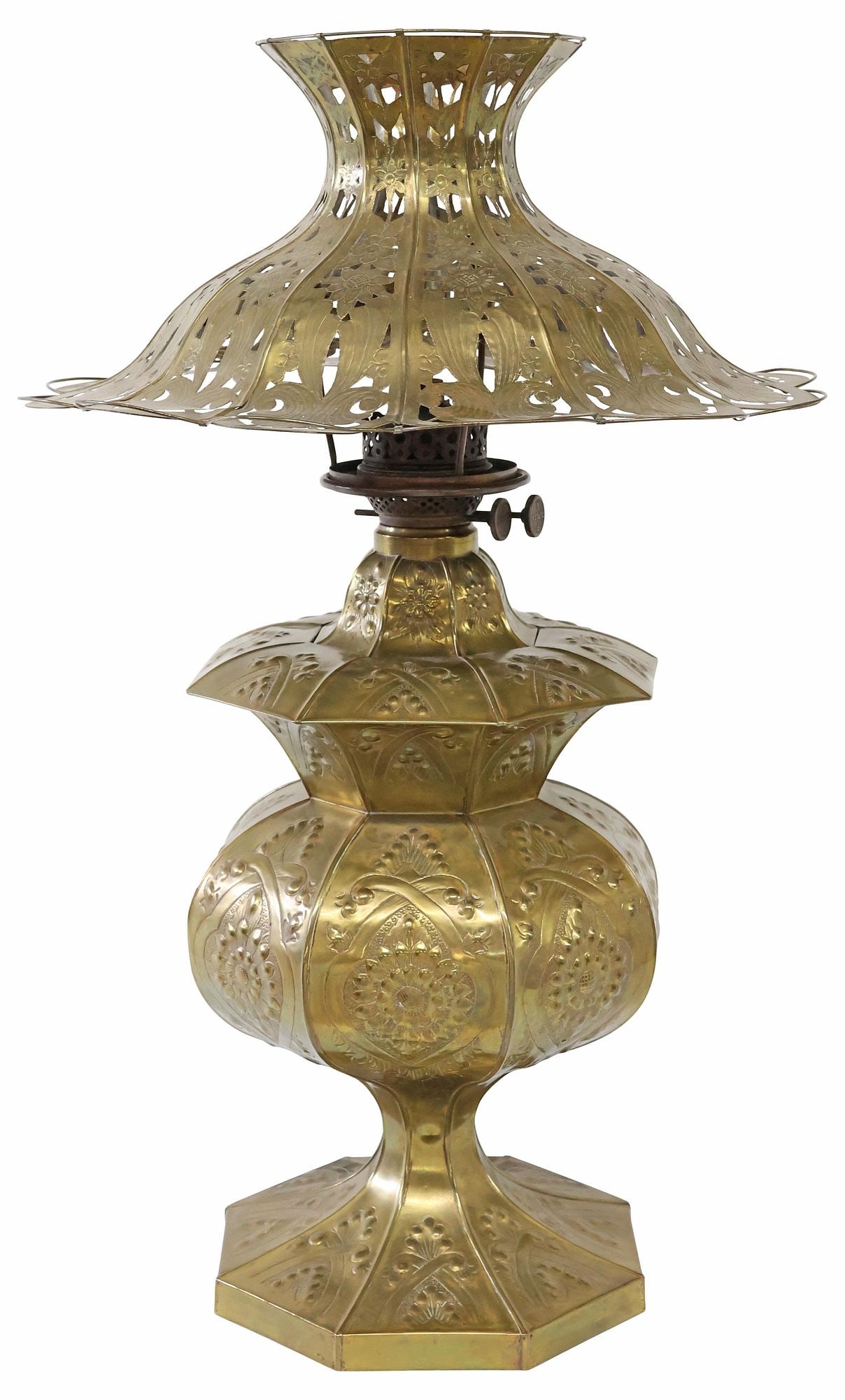LARGE ART NOUVEAU BRASS REPOUSSE ELECTRIFIED OIL LAMP & FLORAL SHADE (1 of 4)