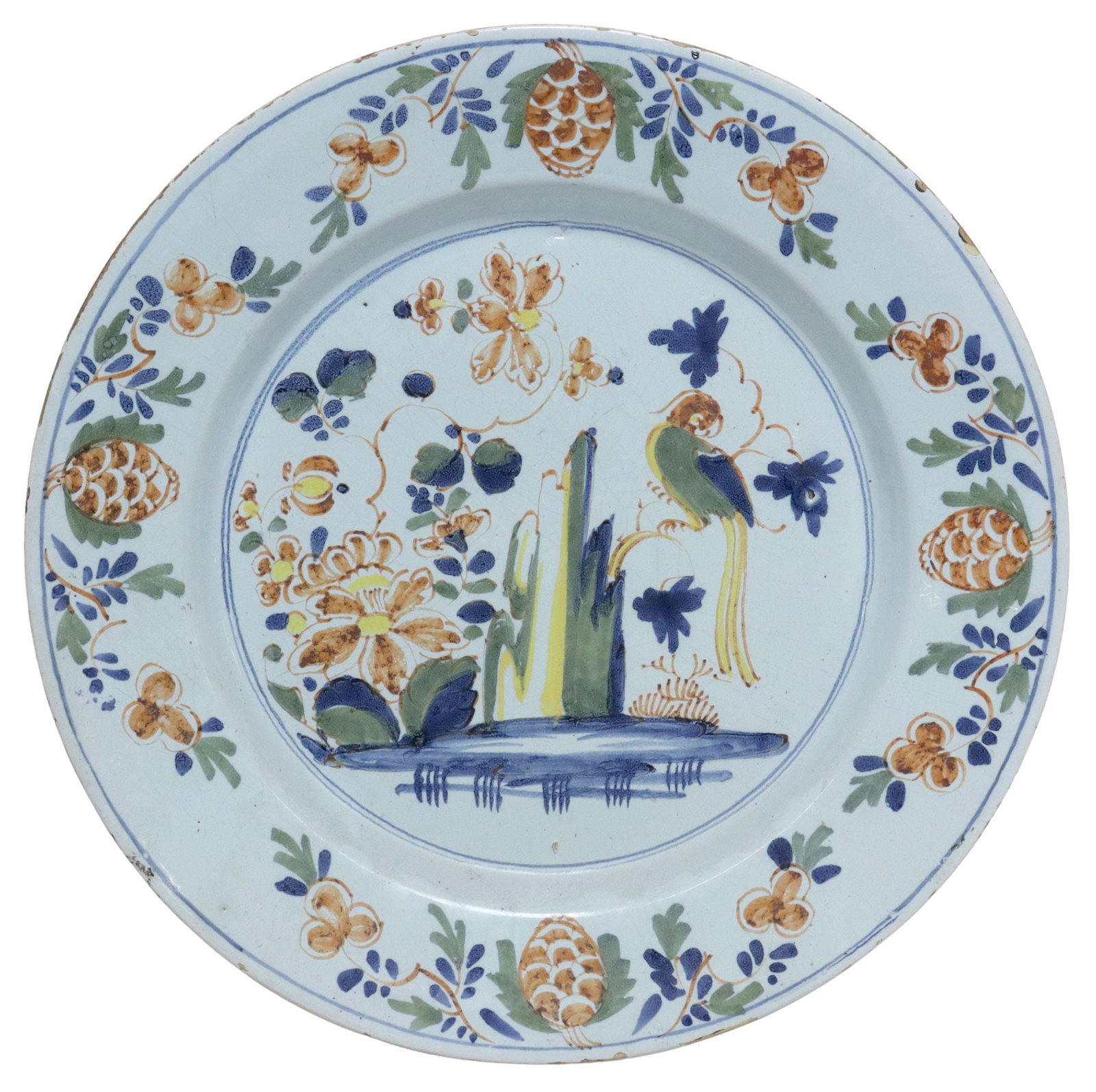 ENGLISH LAMBETH DELFT POLYCHROME CHINOISERIE CHARGER, 18TH C. (1 of 2)