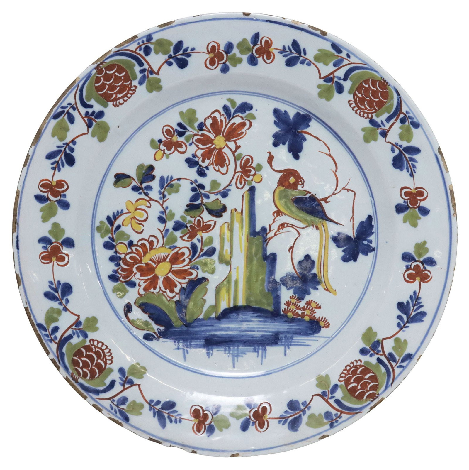 ENGLISH LAMBETH DELFT POLYCHROME CHINOISERIE CHARGER, 18TH C. (1 of 2)