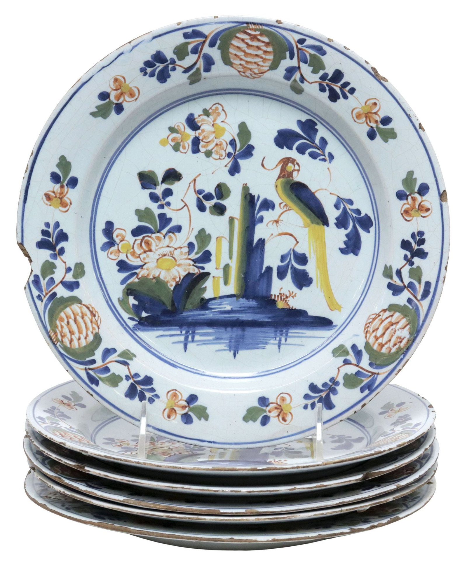 (6) ENGLISH LAMBETH DELFT POLYCHROME CHINOISERIE PLATES, 18TH C.: (lot of 6) English Delft polychrome tin-glazed earthenware plates, likely Lambeth, late 18th c., each depicting a chinoiserie landscape with bird perched on foliate branch, trailing floral border, the