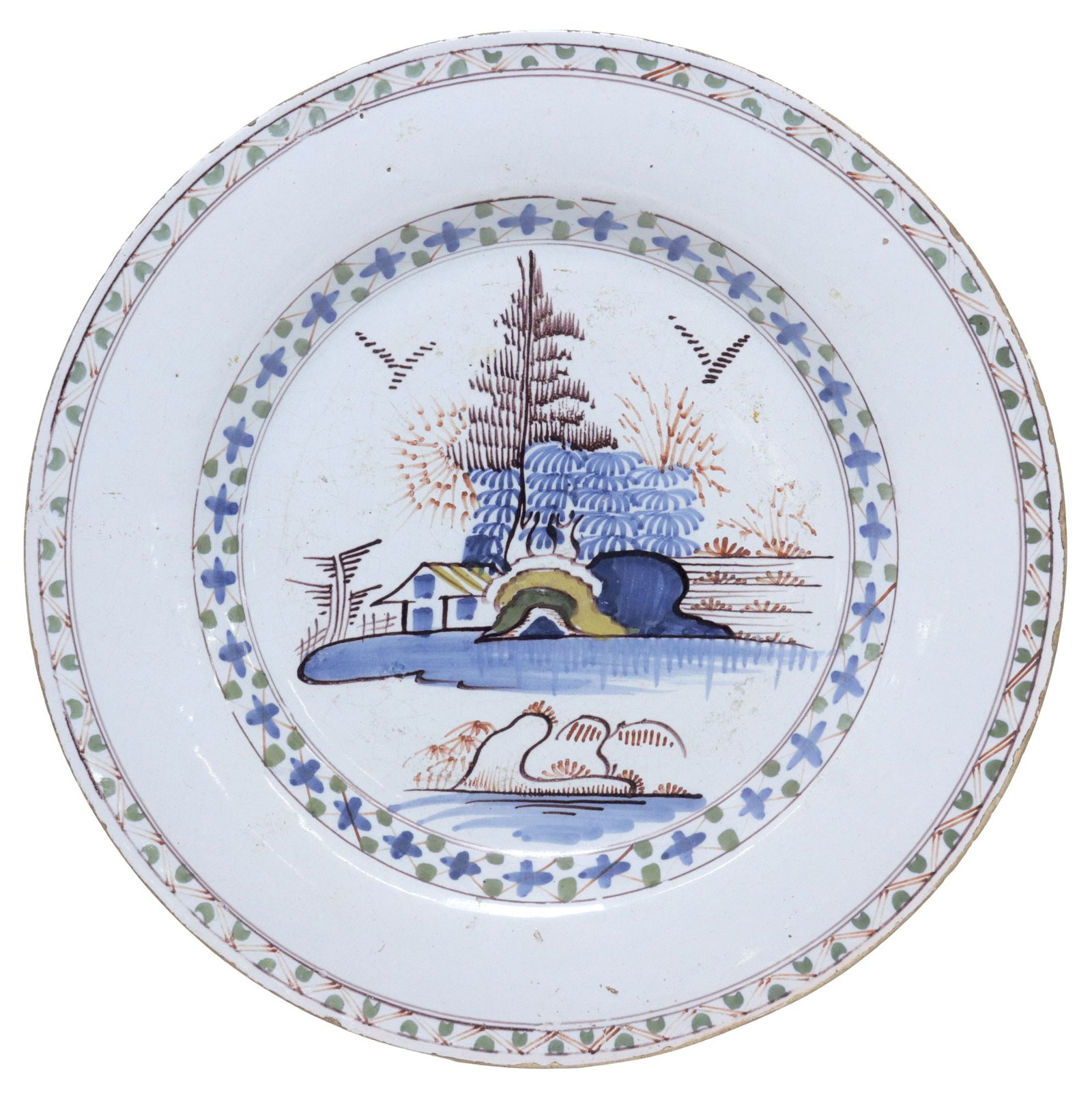 ENGLISH DELFT POLYCHROME CHINOISERIE LANDSCAPE CHARGER, 18TH C. (1 of 2)