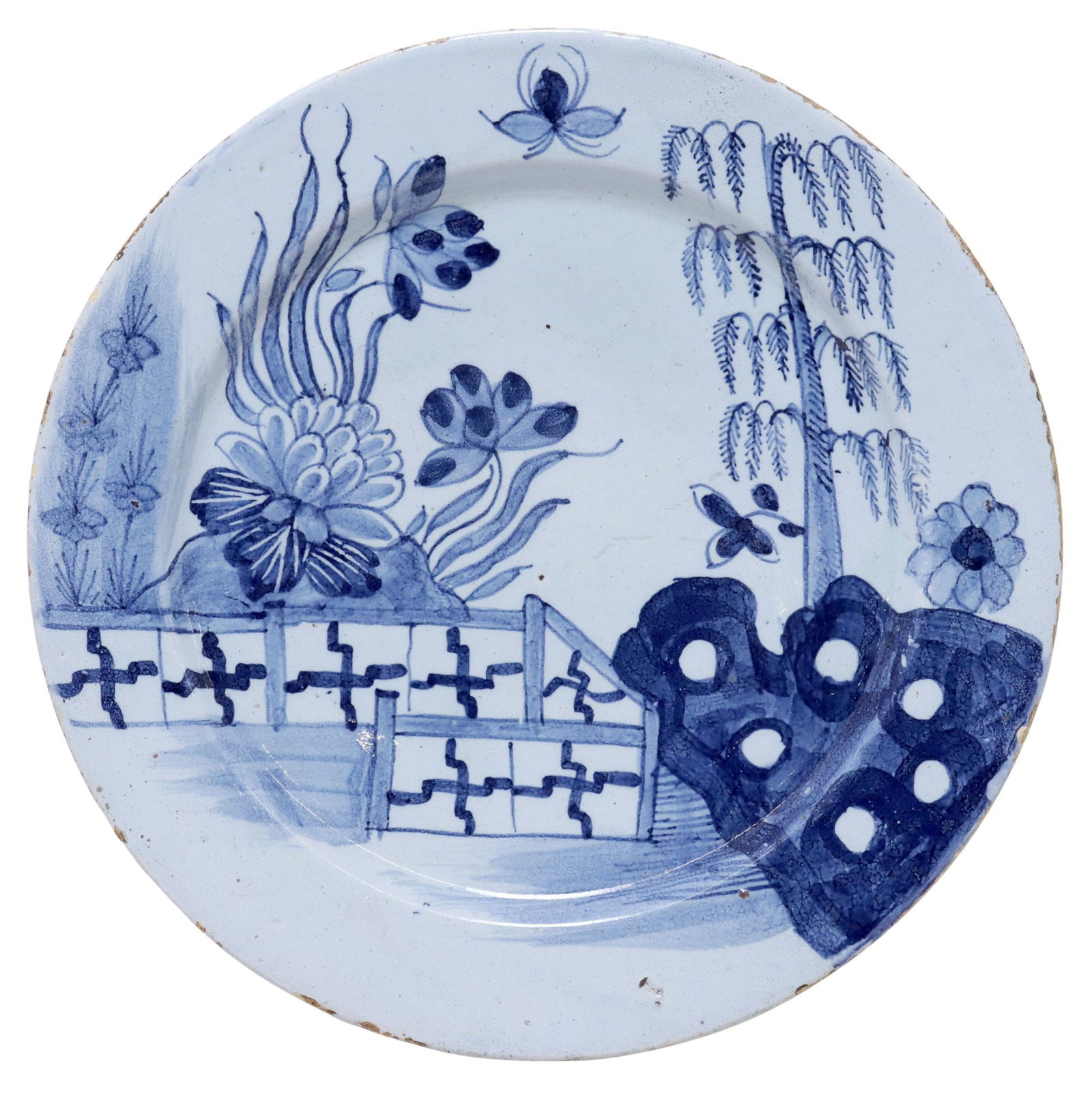ENGLISH DELFT BLUE & WHITE CHINOISERIE CHARGER, 18TH C. (1 of 2)