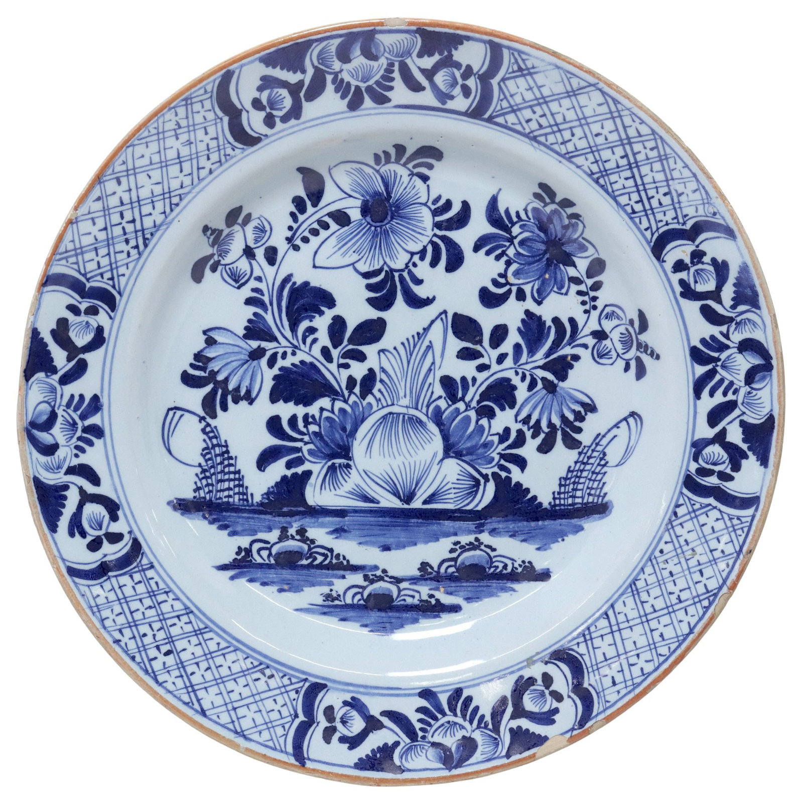 ENGLISH DELFT BLUE & WHITE CHINOISERIE CHARGER, 18TH C. (1 of 2)