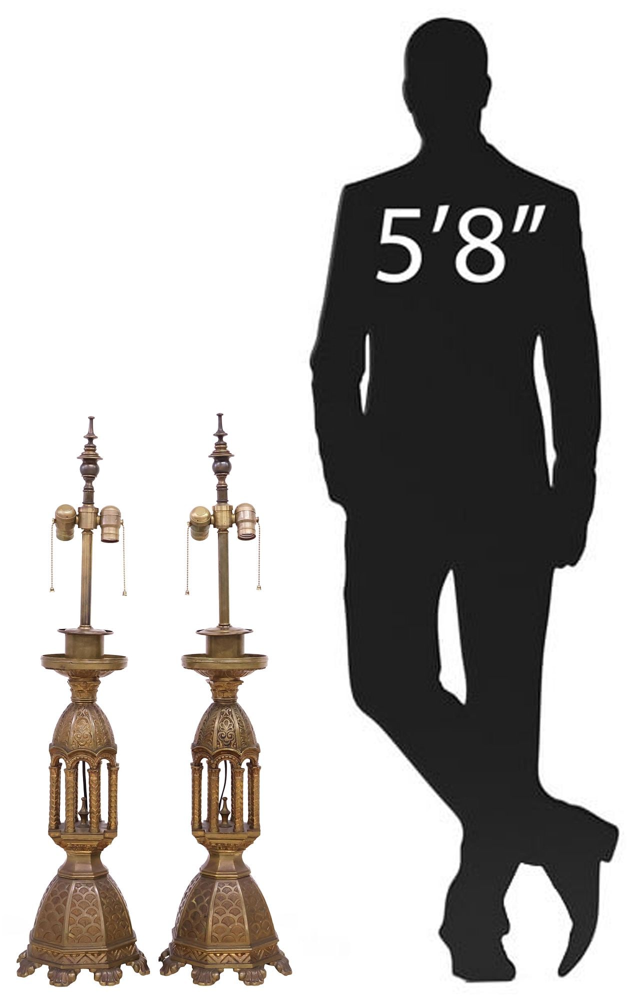 (2) LARGE GOTHIC REVIVAL PATINATED BRASS 2-LIGHT TABLE LAMPS, 39"H (1 of 6)