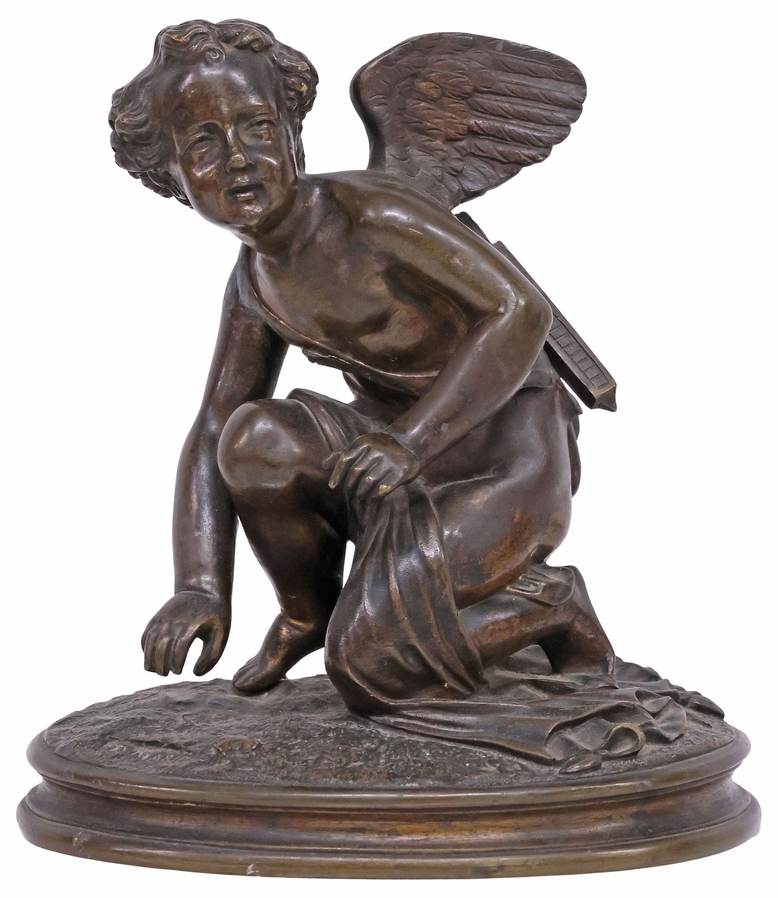 CLASSICAL-STYLE PATINATED BRONZE SCULPTURE, KNEELING CUPID & ARROWS (1 of 7)