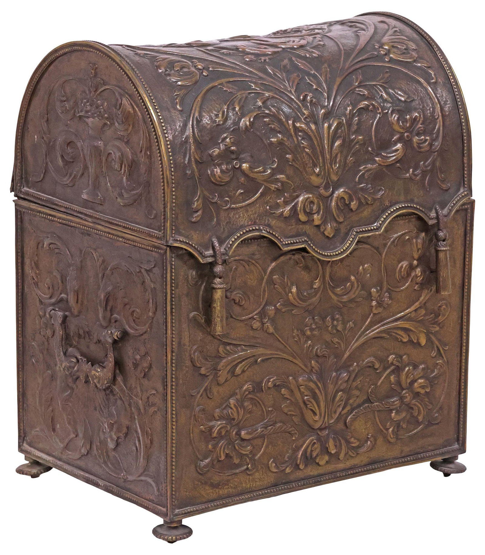 CONTINENTAL BRASS-CLAD REPOUSSE FLORAL & FOLIATE COAL BIN / BOX (1 of 7)