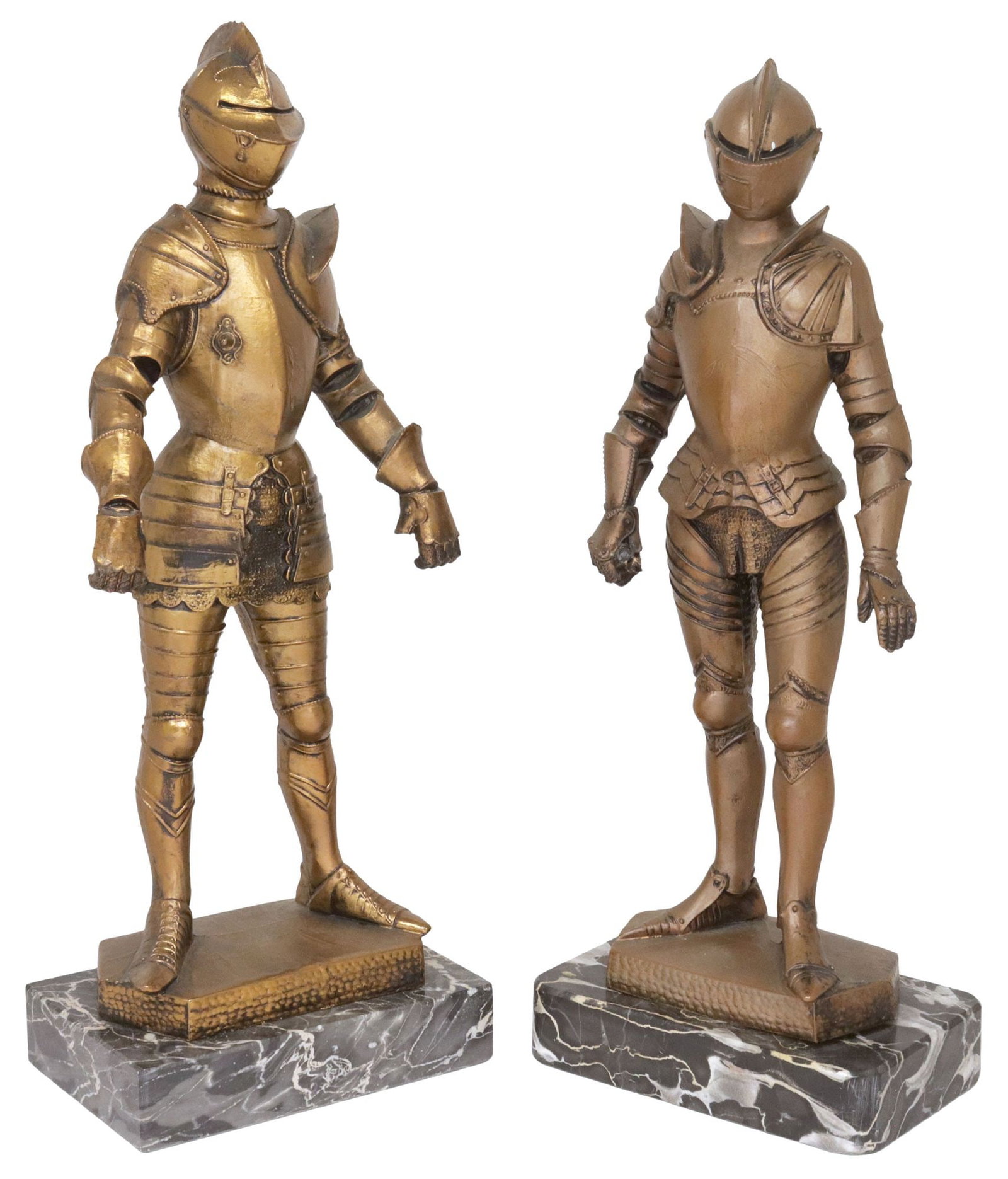 (2) ITALIAN FONTANINI CAST KNIGHT FIGURES ON MARBLE BASES: (lot of 2 ) Italian cast composite figures, Fontanini, 20th c., each in a faux copper finish, modeled as a knight, standing upon naturalistic platform, on marble bases, each lacking sword elements, in
