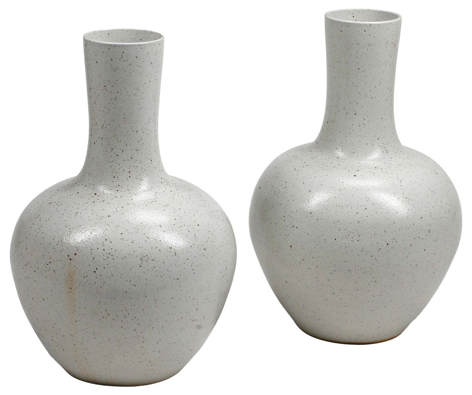(2) LARGE CHINESE SPECKLED WHITE-GLAZED BOTTLE VASES, 29"H: (pair) Chinese speckled white-glazed porcelain bottle vases, approx 29"h, 18"diam, 83lbs total