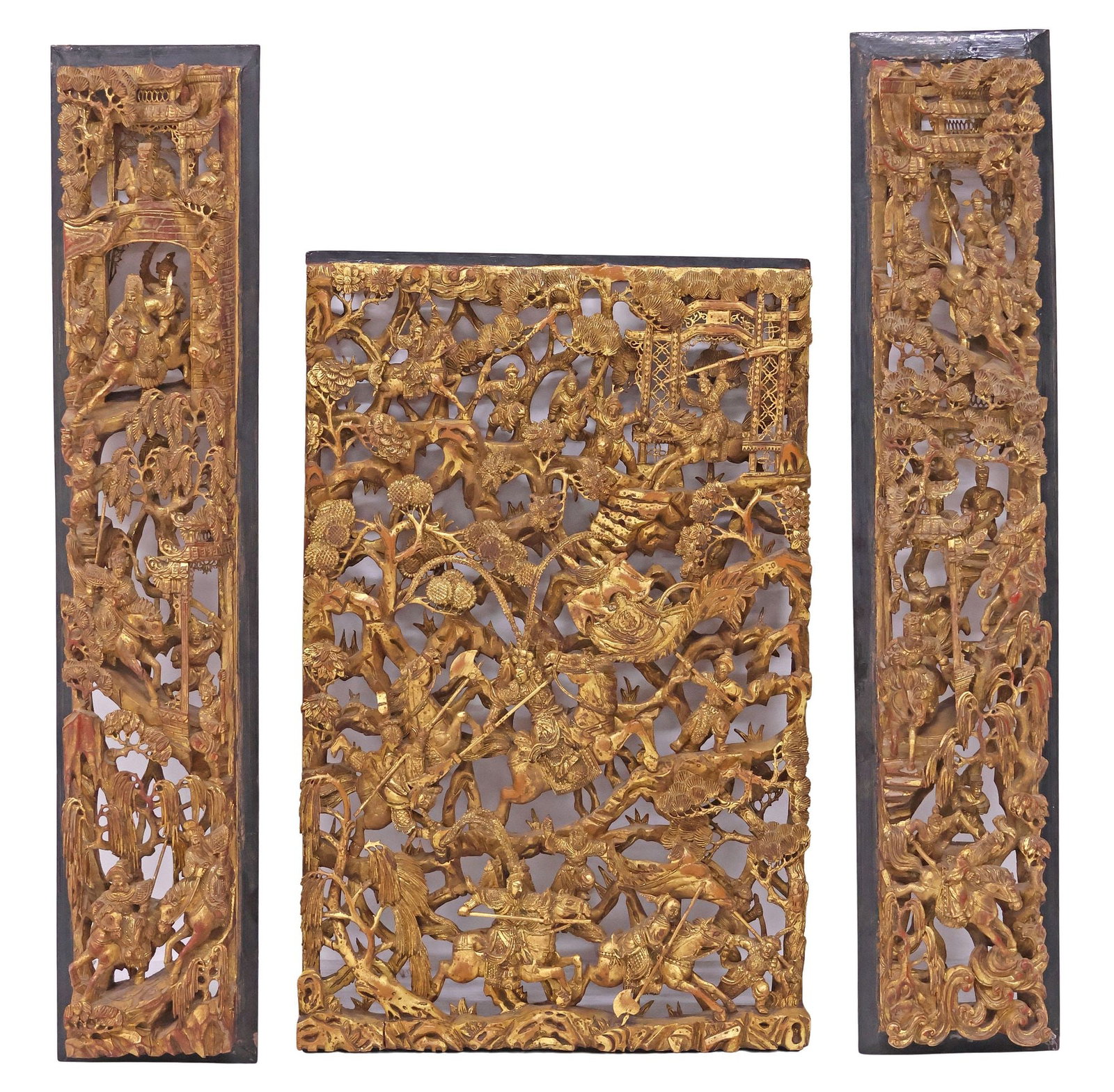 (3) CHINESE HIGHLY CARVED GILTWOOD & LACQUER RELIEF WALL PLAQUES (1 of 7)
