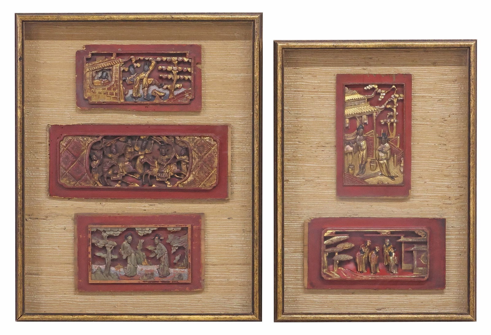 (2) CHINESE PARCEL-GILT LACQUERED & CARVED PANELS IN SHADOWBOX FRAMES (1 of 4)
