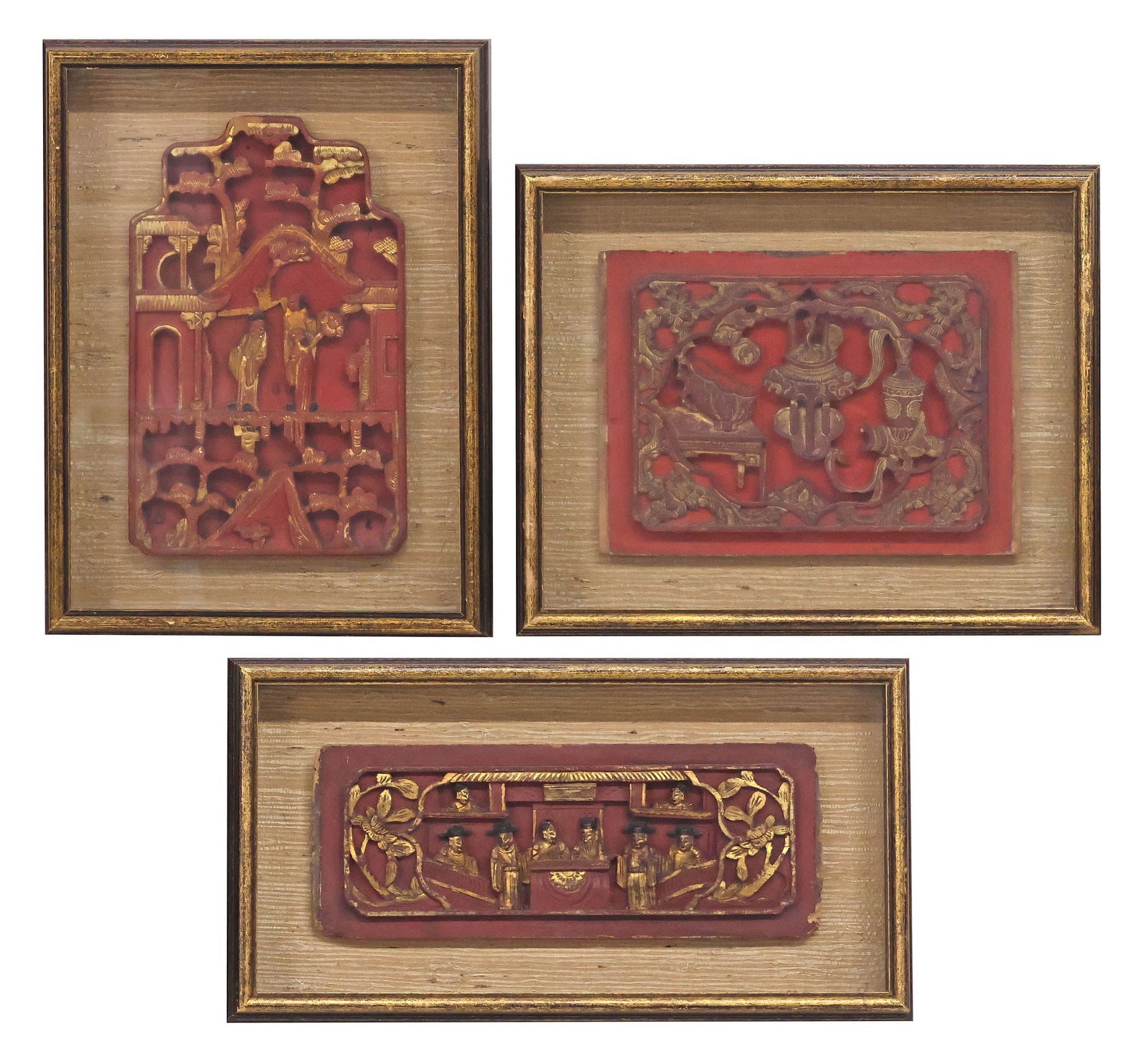 (3) CHINESE PARCEL-GILT LACQUERED & CARVED PANELS IN SHADOWBOX FRAMES (1 of 5)