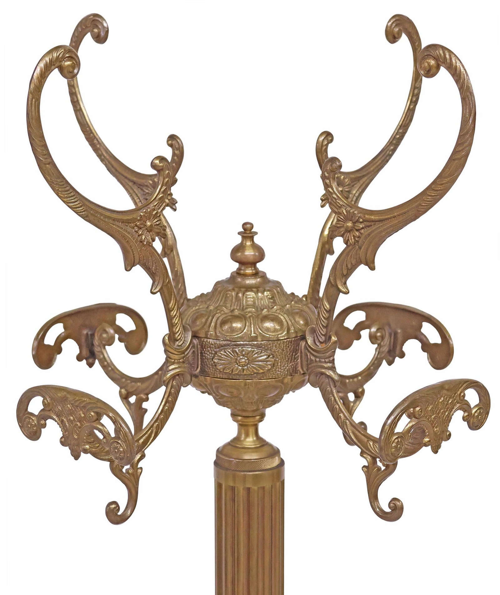 ITALIAN GILT-METAL STANDING COAT / HAT RACK: Italian gilt-metal standing hall tree, 20th c., four scrolled hooks with pierced terminals, over fluted central standard, ending on quadripartite base with floral and foliate motifs, approx 17"h,