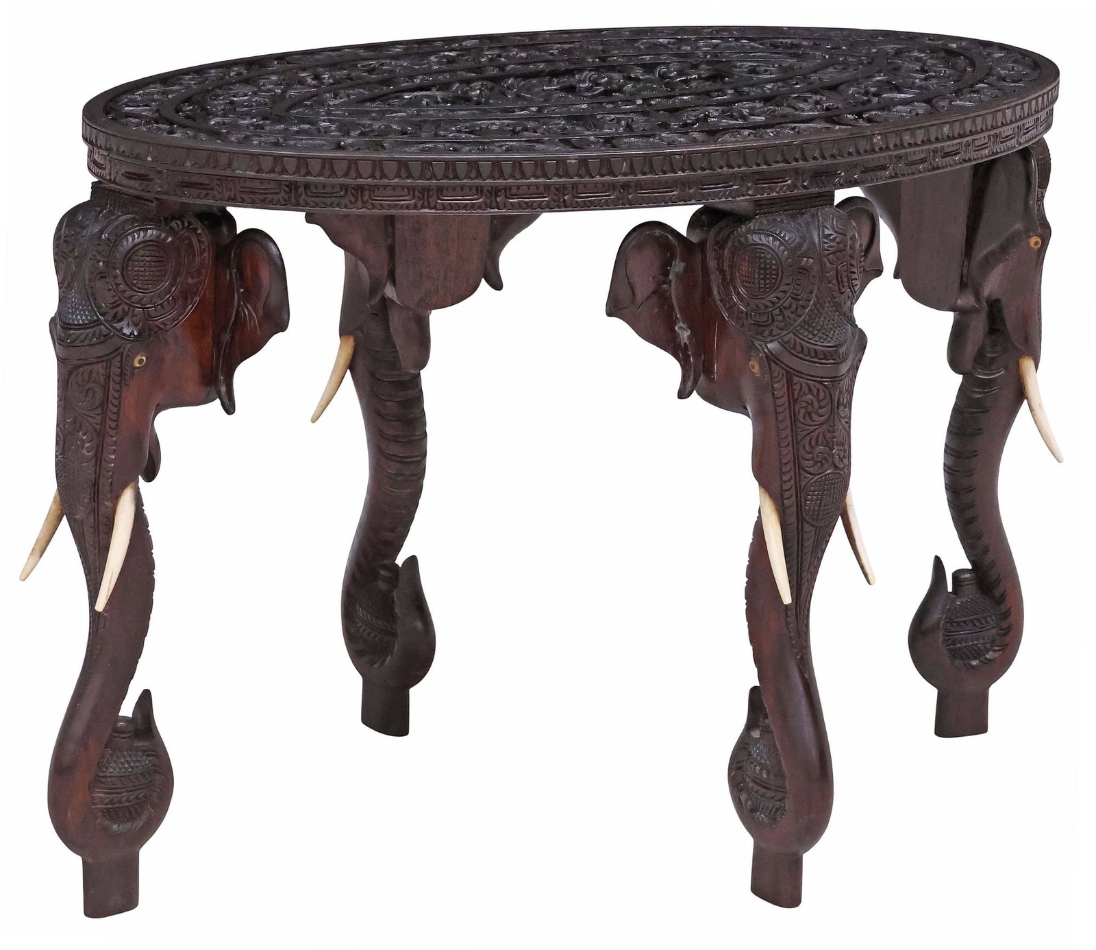 ANGLO-INDIAN CARVED & BONE-INSET HARDWOOD 'ELEPHANT' SIDE TABLE (1 of 6)