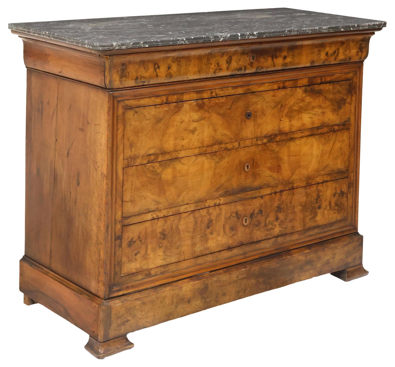 FRENCH LOUIS PHILIPPE PERIOD MARBLE-TOP BURLED WALNUT COMMODE: French Louis Philippe period burled walnut commode, mid 19th c., having molded-edge rectangular marble top, above ogee frieze drawer and three additional drawers, rising on flared bracket feet, approx