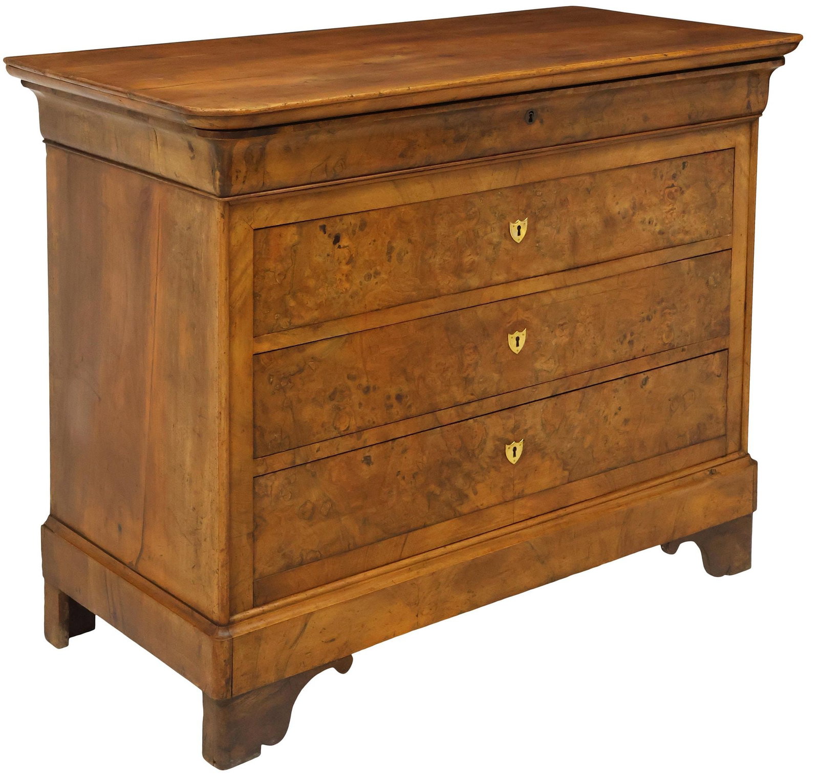 FRENCH LOUIS PHILIPPE PERIOD BURLED WALNUT COMMODE: French Louis Philippe period burled walnut commode, mid 19th c., having ogee frieze drawer and three additional drawers, with brass shield-form escutcheons, rising on bracket feet, approx 40.5"h, 52"w
