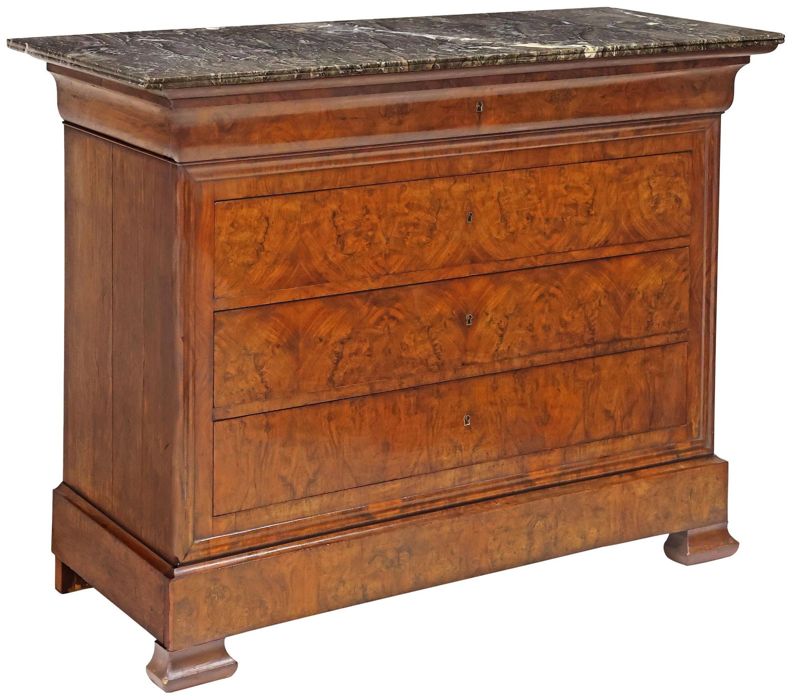 FRENCH LOUIS PHILIPPE PERIOD MARBLE-TOP BURLED WALNUT COMMODE: French Louis Philippe period burled walnut commode, mid 19th c., having marble top, over ogee frieze drawer, with three inner compartments, and four additional drawers, on squared feet, approx 38"h, 4