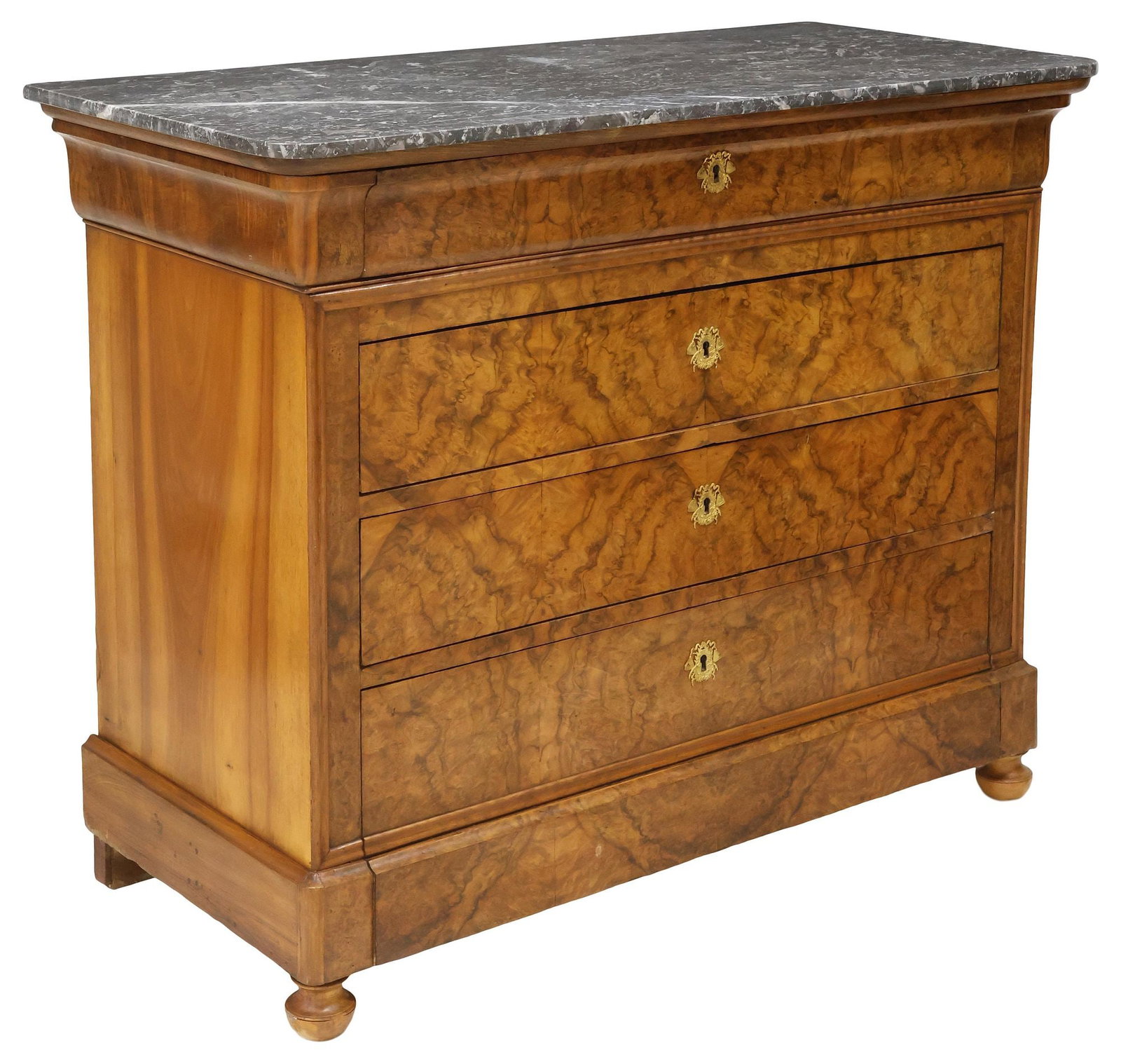 FRENCH LOUIS PHILIPPE PERIOD MARBLE-TOP BURLED WALNUT COMMODE: French Louis Philippe period burled walnut commode, mid 19th c., having rounded marble top, over frieze drawer and three additional drawers, rising on bun feet, approx 39"h, 49.25"w, 22.25"d