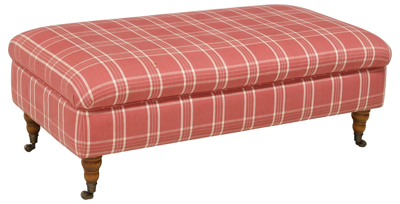 LARGE ENGLISH-STYLE PLAID UPHOLSTERED BENCH / OTTOMAN: Large English-style upholstered bench/ ottoman, 20th c., plaid upholstery, turned legs, rising on casters, approx 16"h, 42.25"w, 23.5"d