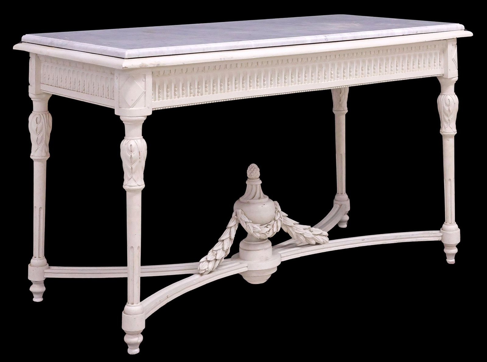 NEOCLASSICAL STYLE MARBLE-TOP WHITE PAINTED CONSOLE TABLE: Neoclassical style white-painted console table, 20th c., having rectangular marble top, rising on turned and fluted legs, joined by curule-form cross stretcher, with foliate wreath finial, ending on