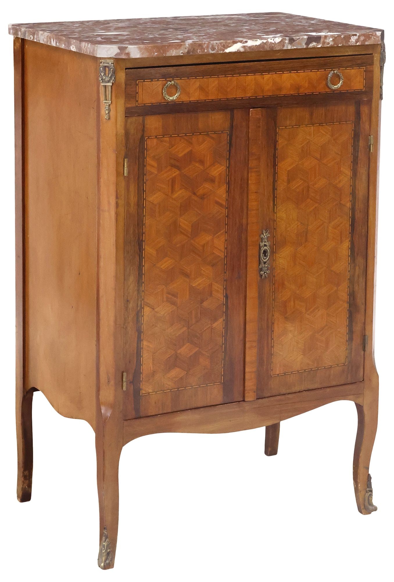 FRENCH TRANSITIONAL STYLE MARBLE-TOP PARQUETRY & WALNUT CABINET: French Transitional style inlaid walnut cabinet, early 20th c., canted rouge marble top, over single shallow drawer, and pair of cabinet doors with cubic parquetry paneling, enclosing fixed-height
