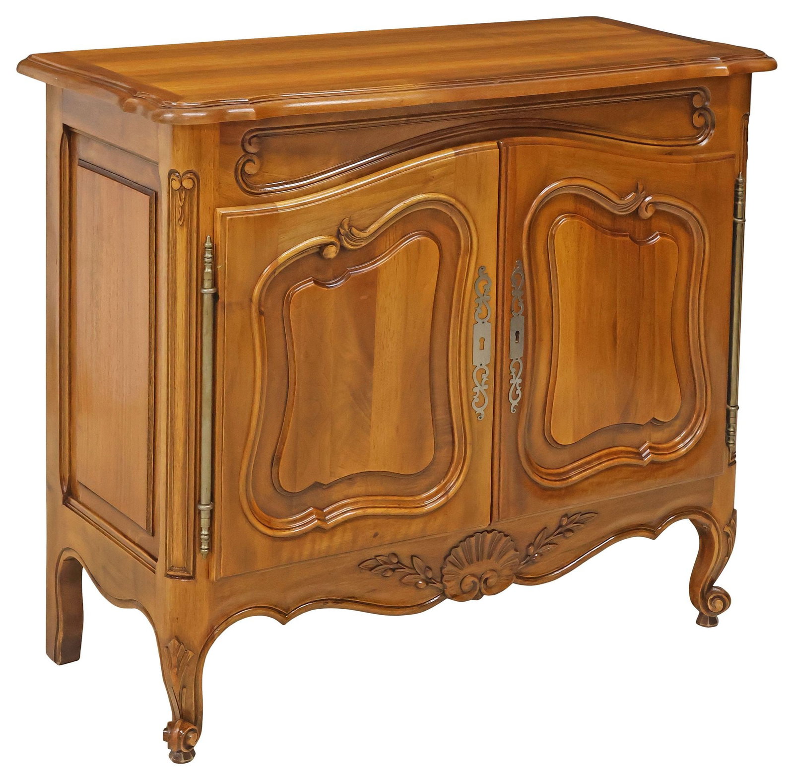FRENCH PROVINCIAL LOUIS XV STYLE WALNUT SIDE CABINET / BUFFET: French Provincial Louis XV style walnut side cabinet/ buffet, 20th c., having shaped top, above dual paneled cabinet doors, revealing single fixed-height shelf, rising on short cabriole legs and