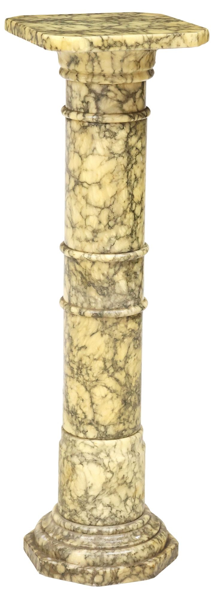 ITALIAN VARIEGATED MARBLE COLUMNAR PEDESTAL / STAND: Italian variegated marble pedestal/ plant stand, 20th c., canted square top, over columnar standard with raised concentric rings, ending on octagonal base, in a yellowed sealant/ finish, approx 40.5"h