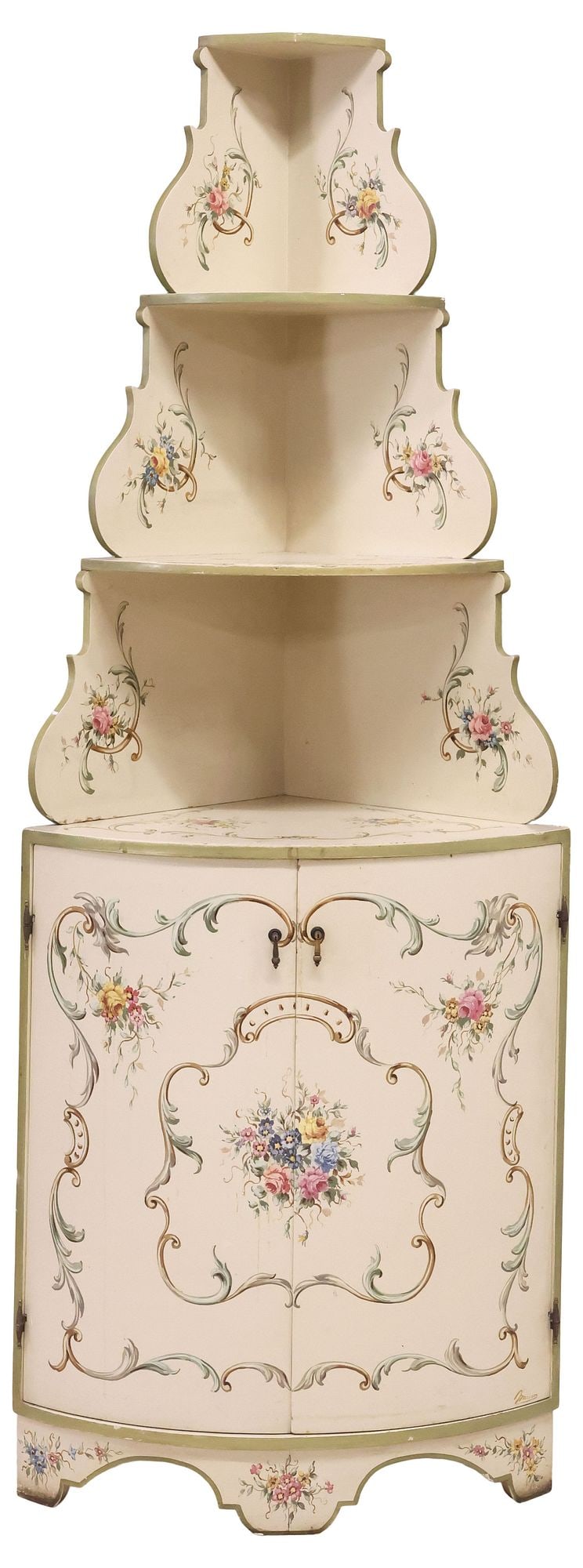 ITALIAN VENETIAN PAINT-DECORATED CORNER CABINET: Italian Venetian paint-decorated corner cabinet , 20th c., upper shelves and lower case decorated with floral sprays and scrolling foliates, raised gallery fitted with three graduated shelves, over