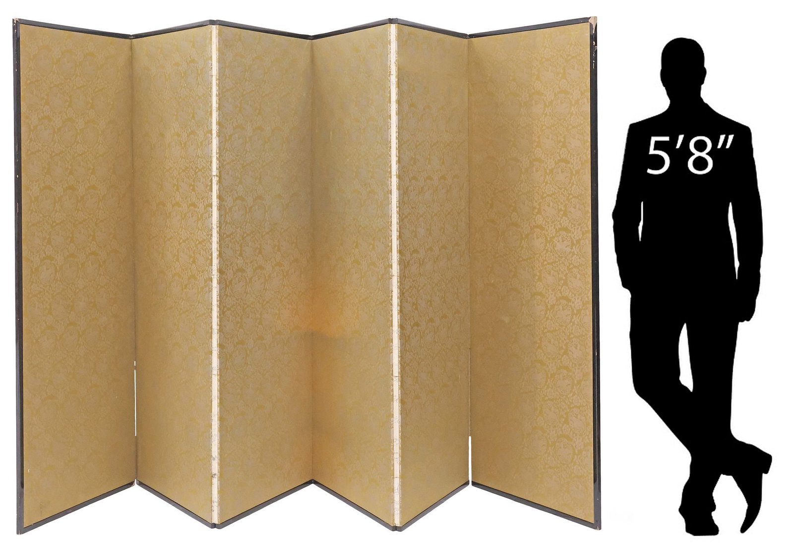 CHINESE SILK BROCADE 6-PANEL FOLDING SCREEN IN LACQUERED STORAGE CHEST: (2 pieces) Chinese six-panel folding screen, each panel laid with gold silk brocade, pattern with phoenix within the confines of a floral roundel, reverse side of each panel in a gold leafed silk laid