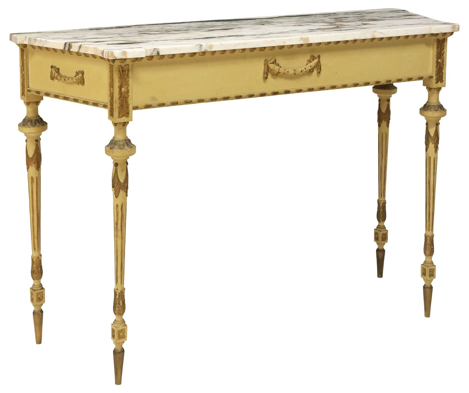 FRENCH LOUIS XVI STYLE MARBLE-TOP PAINTED & PARCEL-GILT CONSOLE TABLE (1 of 5)