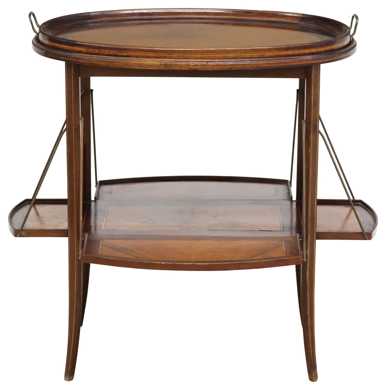 FRENCH MATCHED VENEER TRAY-TOP TEA TABLE: French matched veneer tea table, early 20th c., having removable tray top with colorless glass center, on an oval top with string inlay, lower tier expands with four hinged leaves, rising on slender