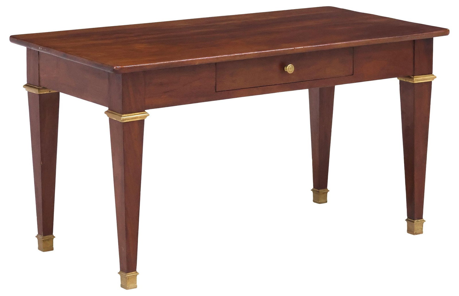 FRENCH LOUIS XVI STYLE SINGLE-DRAWER MAHOGANY COFFEE TABLE: French Louis XVI style mahogany coffee table, 20th c., rectangular top, over single frieze drawer, rising on tapering squared legs, ending on brass-cap feet, approx 17.25"h, 32"w, 16 5/8"d
