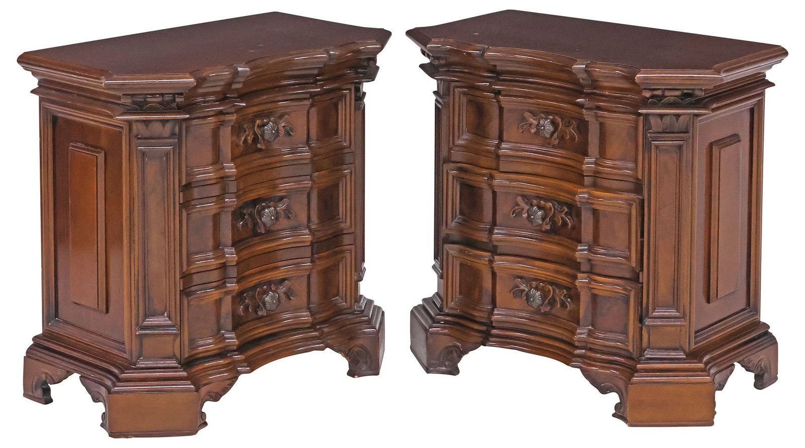 (2) ITALIAN BAROQUE STYLE WALNUT THREE-DRAWER NIGHTSTANDS (1 of 5)