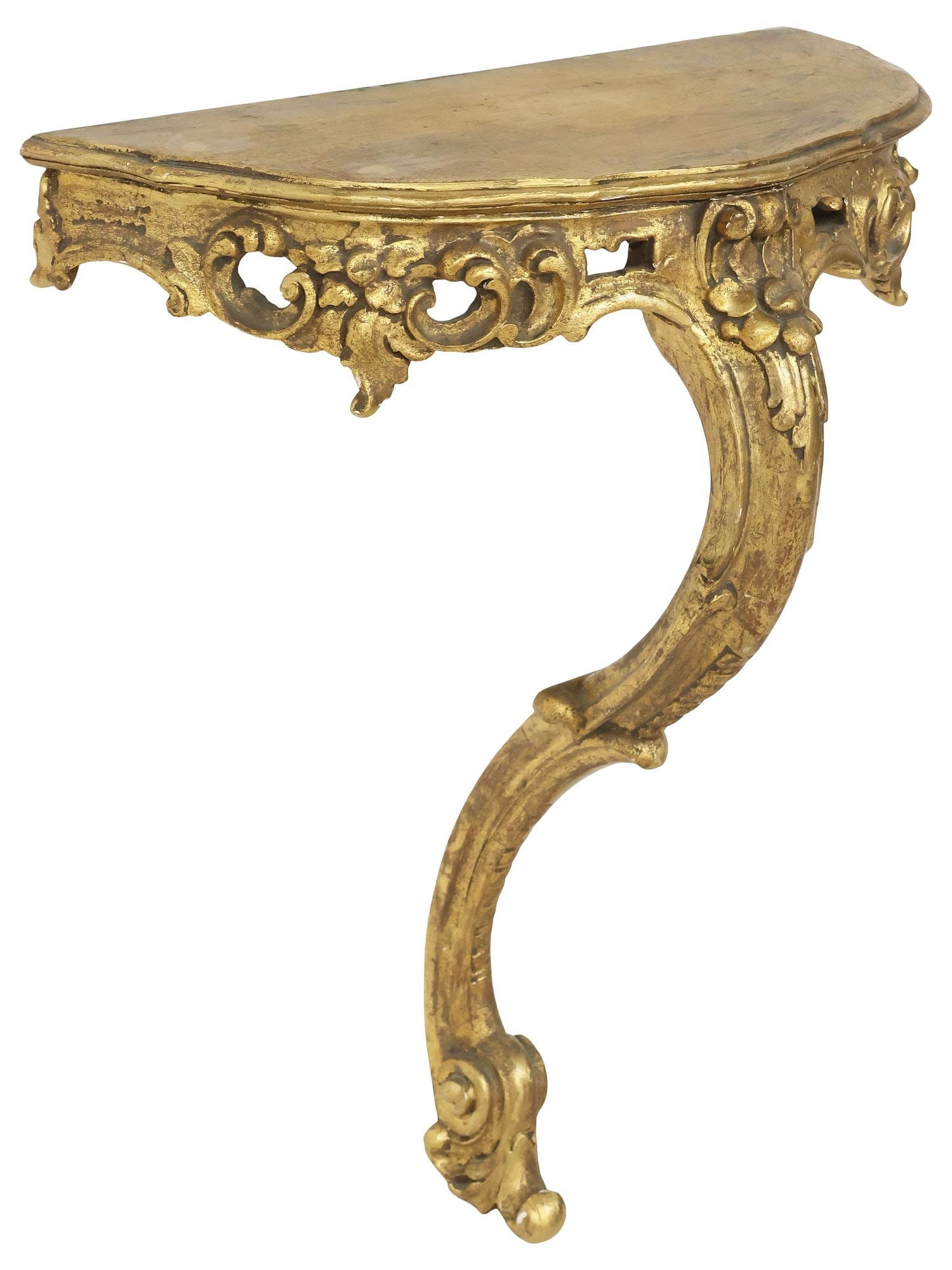 ITALIAN LOUIS XV STYLE GILTWOOD WALL-MOUNTED CONSOLE TABLE: Italian Louis XV style giltwood wall bracket console table, early 20th c., having shaped top, over pierced scrolling apron, cabriole leg ending on foliated whorl foot, approx 26"h, 21"w, 12"d