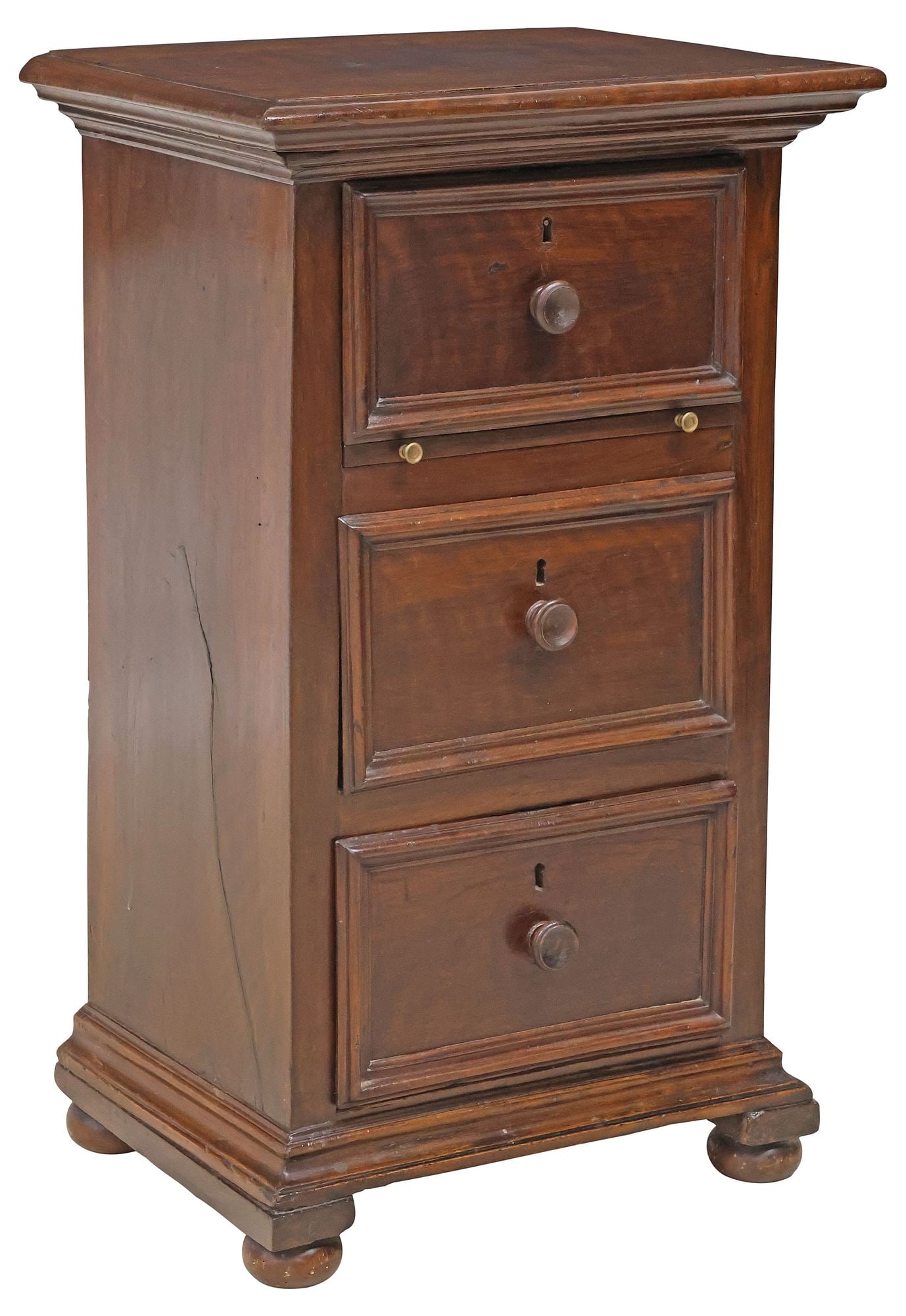 CONTINENTAL WALNUT 3-DRAWER NIGHTSTAND: Continental walnut nightstand, 19th c., having rectangular top, above three drawers and pull-out slide, rising on bun feet, approx 37"h, 23"w, 16.5"d