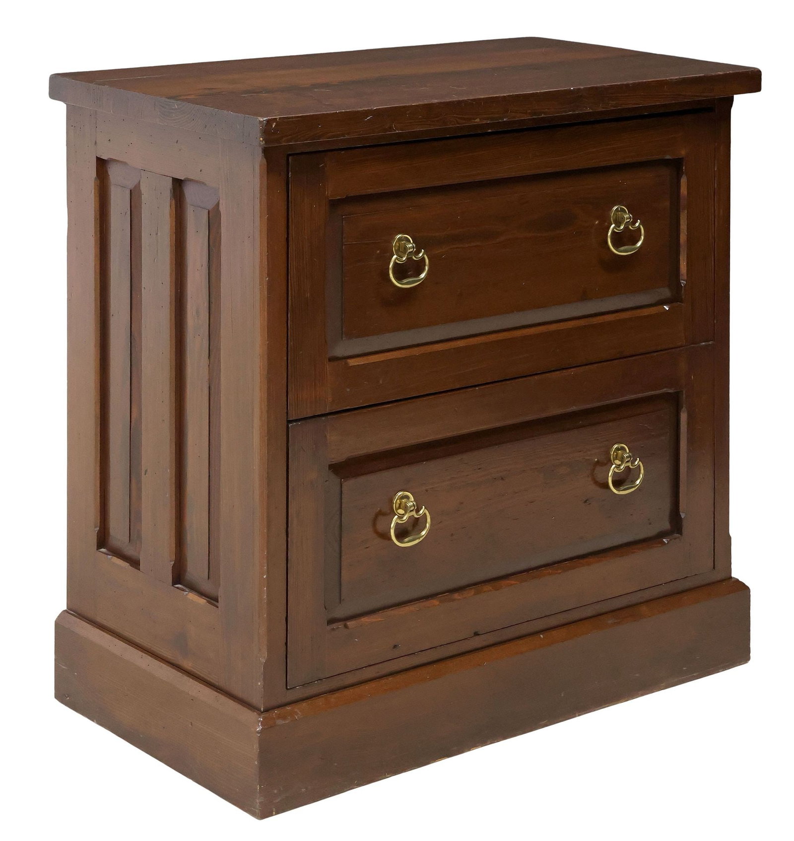 AMERICAN STAINED PINE CHEST OF TWO DRAWERS / FILING CABINET: American stained pine chest of drawers, 20th c., having two paneled drawers, top drawer with fixed file storage rack, rising on platform base, intentionally distressed, approx 36"h, 36"w, 19.5"d **Pro