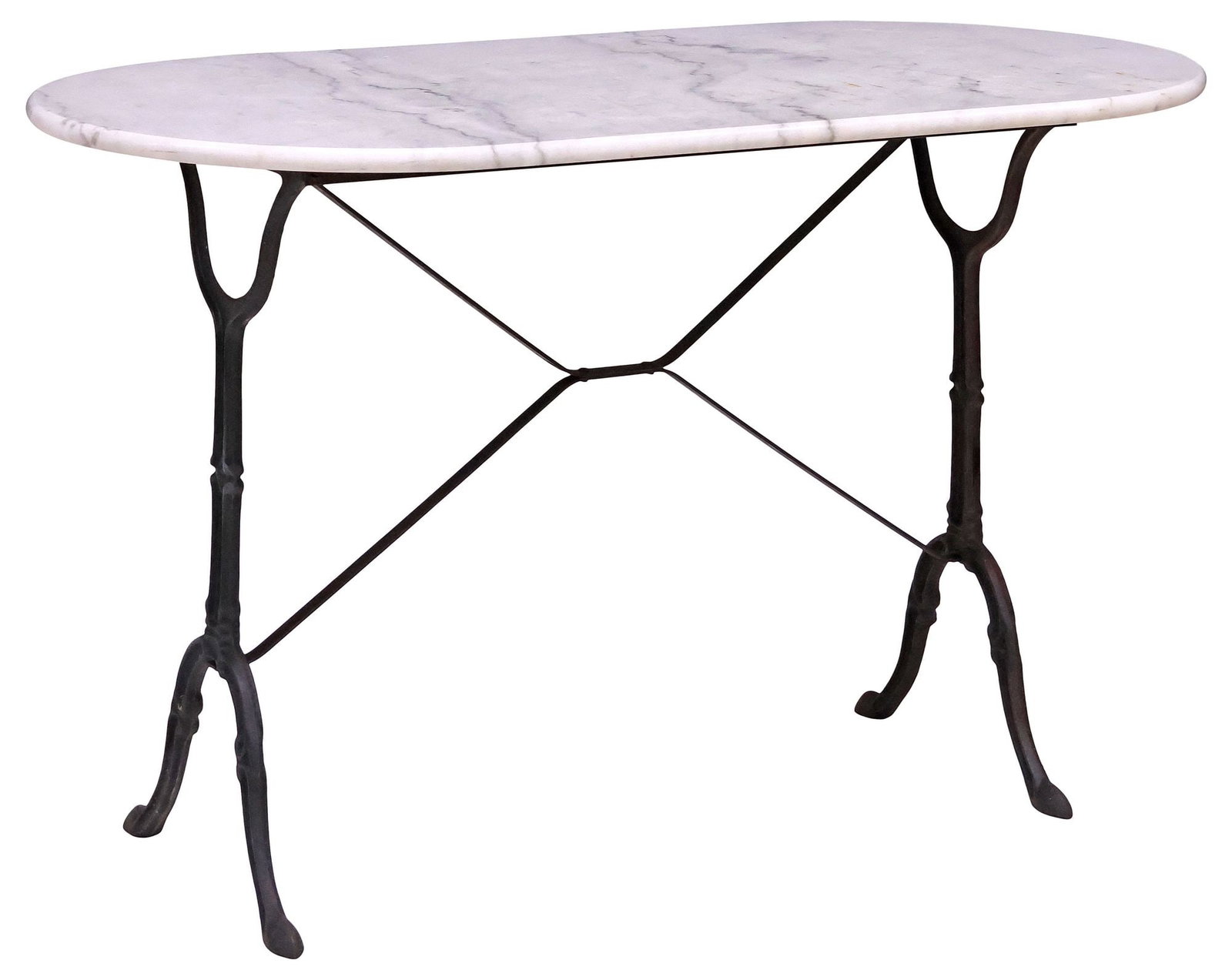 FRENCH MARBLE-TOP CAST IRON BISTRO TABLE: French bistro table, 20th c., elongated oval marble top, raised on black-painted cast iron base, approx 29"h, 47.5"w, 23.75"d **PLEASE NOTE: All of the cast stone and garden pieces in t