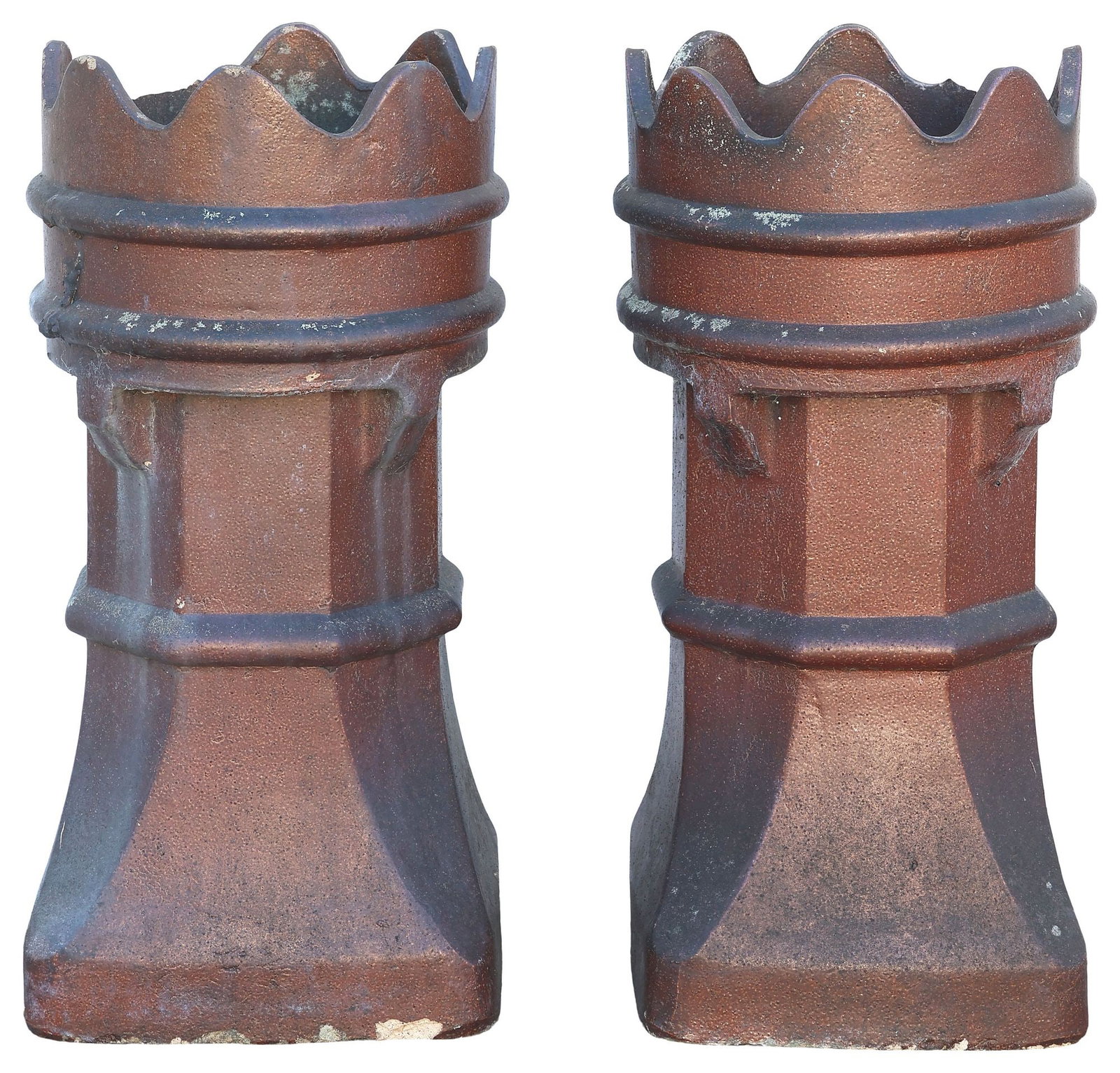 (2) ENGLISH ARCHITECTURAL TURRET-FORM CHIMNEY POTS: (pair) English architectural earthenware chimney pots, turret-form, with smoke vent, approx 29"h, 14"w, 14"d **PLEASE NOTE: All of the cast stone and garden pieces in this auction have inherent flaws 