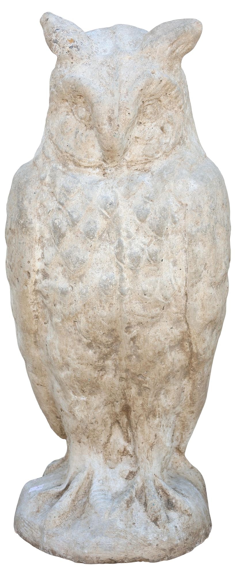 ENGLISH CAST STONE GARDEN STATUARY, PERCHED OWL: English cast stone garden sculpture, Perched Owl, approx 28"h, 11"w, 9.5"d **PLEASE NOTE: All cast stone and garden pieces in this auction have inherent flaws and evidence of outdoor use. Most are lik