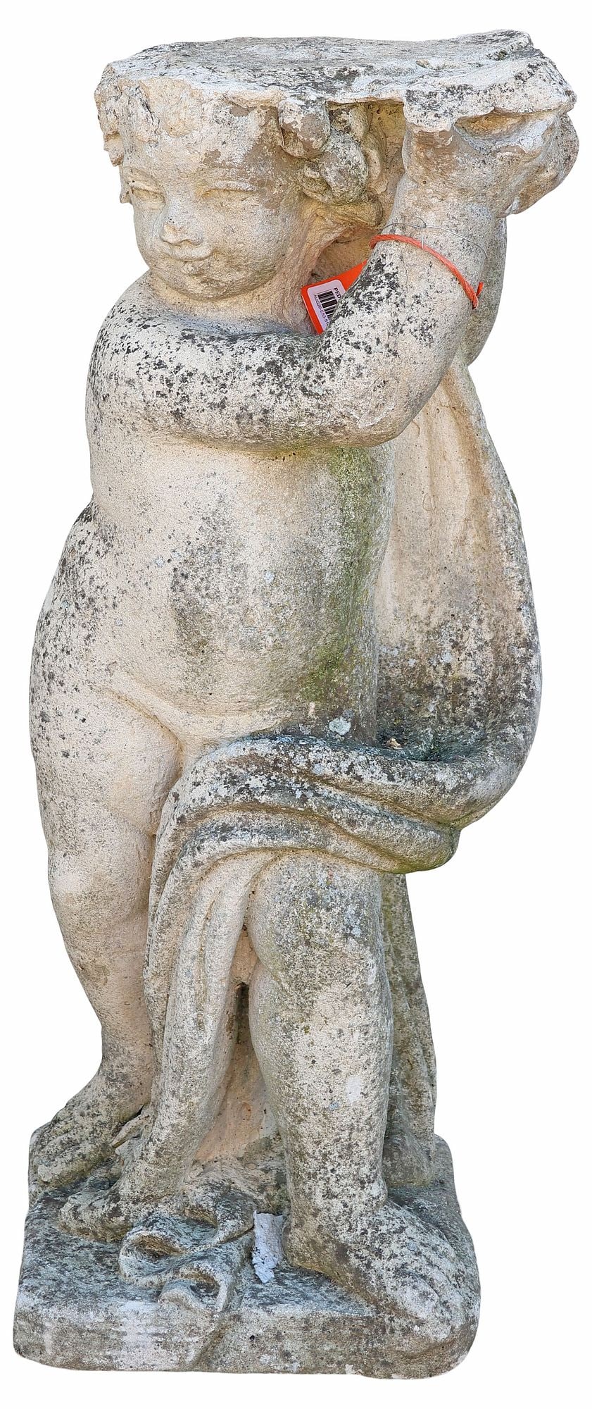 ENGLISH CAST STONE FIGURAL DRAPED CHERUB GARDEN PEDESTAL, 31"H (1 of 4)