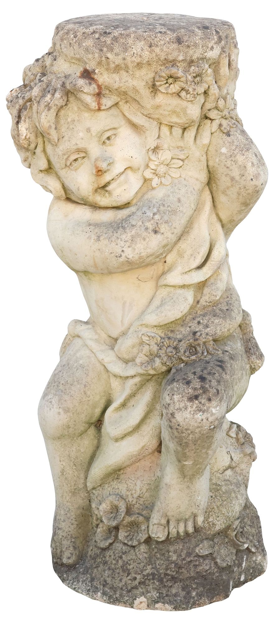 ENGLISH CAST STONE FIGURAL DRAPED CHERUB GARDEN PEDESTAL, 29.5"H (1 of 5)