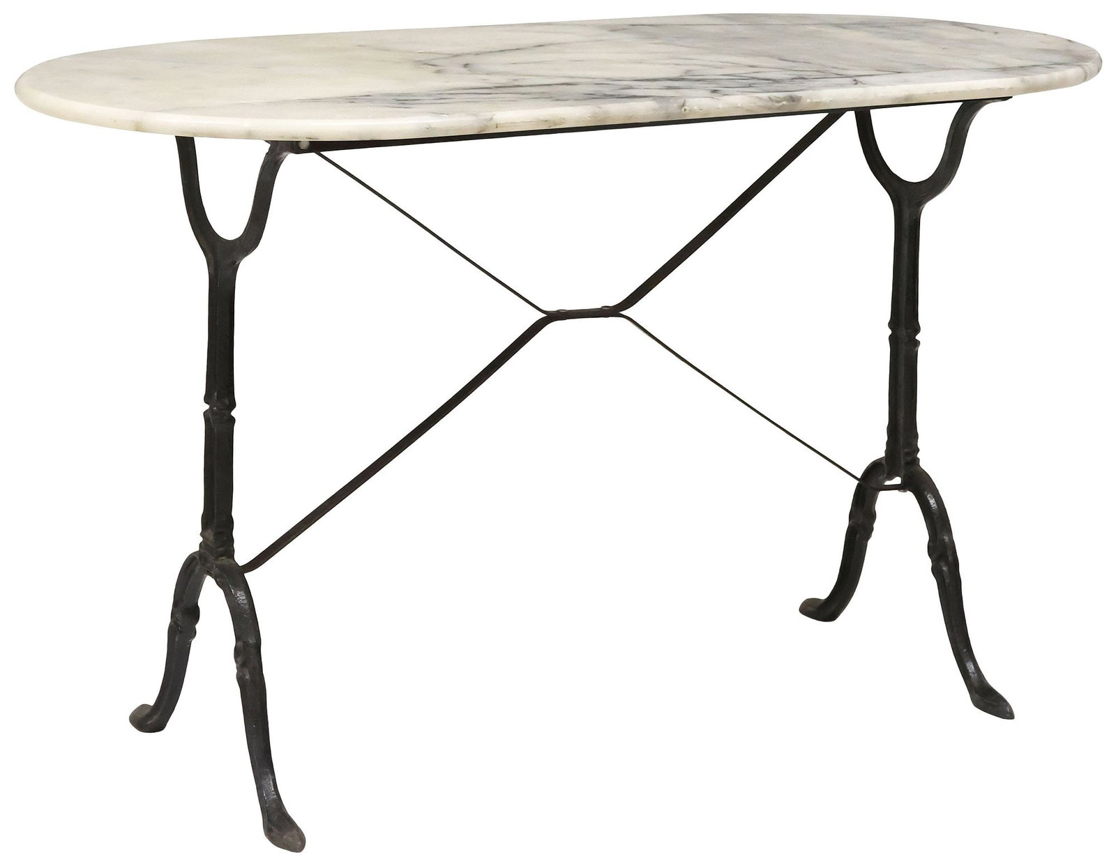 FRENCH MARBLE-TOP CAST IRON BISTRO TABLE: French bistro table, oval marble top, on cast iron base, marble intact with small, approx 28"h, 47.5"w, 23.75"d **PLEASE NOTE: All of the cast stone and garden pieces in this auction have inherent fla