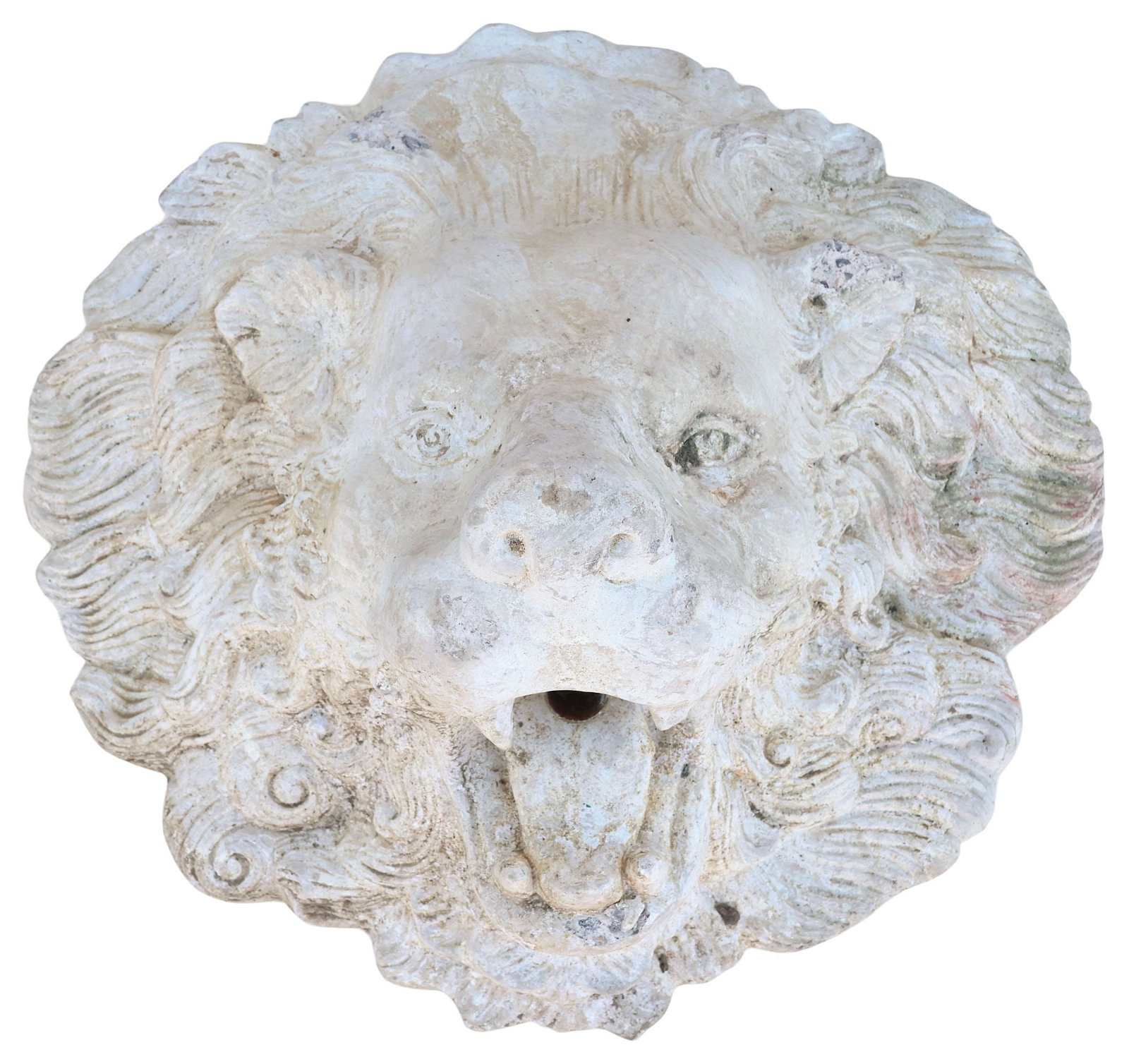 ARCHITECTURAL CAST CONCRETE LION MASK GARDEN FOUNTAIN HEAD: Architectural cast concrete lion mask garden fountain head, approx 14"h, 15"w, 9.5"d **PLEASE NOTE: All cast stone and garden pieces in this auction have inherent flaws and evidence of outdoor use. Mo