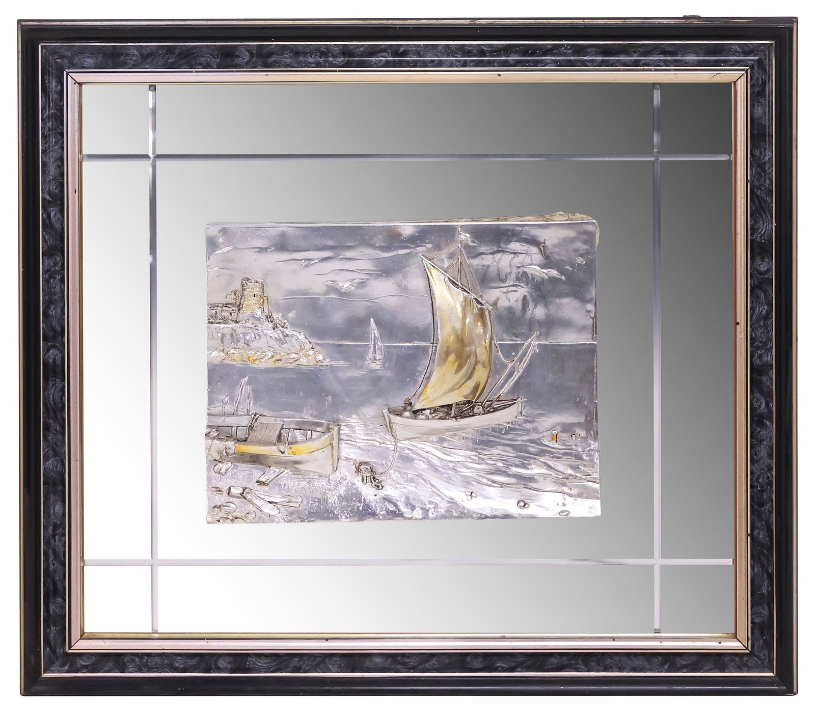 ITALIAN SILVER-CLAD BAS RELIEF PLAQUE IN MIRRORED FRAME, SAILBOAT SCENE (1 of 5)
