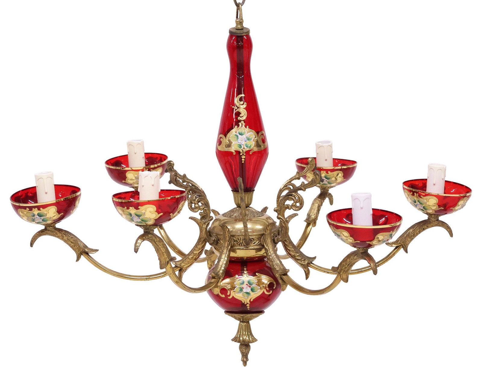 ITALIAN ENAMELED RUBY GLASS & BRASS 6-LIGHT CHANDELIER: Italian brass and ruby glass six-light chandelier, 20th c., vasiform central standard with parcel-gilt enameled scrollwork and floral motifs, issuing scrolled arms terminating at cup-form bobeche with