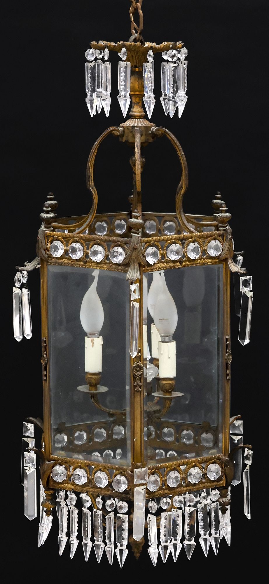 ITALIAN GILT-METAL & CRYSTAL FIGURAL 3-LIGHT HANGING LANTERN (1 of 3)