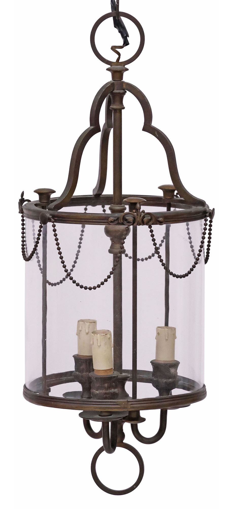 ITALIAN PATINATED METAL & GLASS 3-LT HANGING LANTERN (1 of 3)