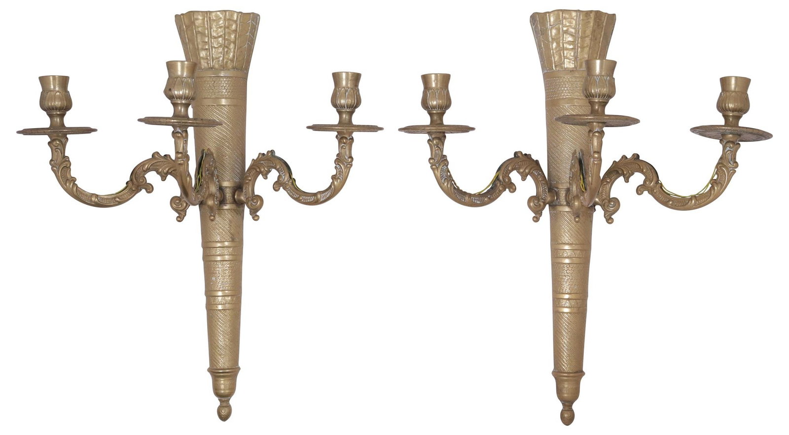 (2) FRENCH LOUIS XVI STYL GILT METAL 3-LIGHT WALL SCONCES (1 of 4)