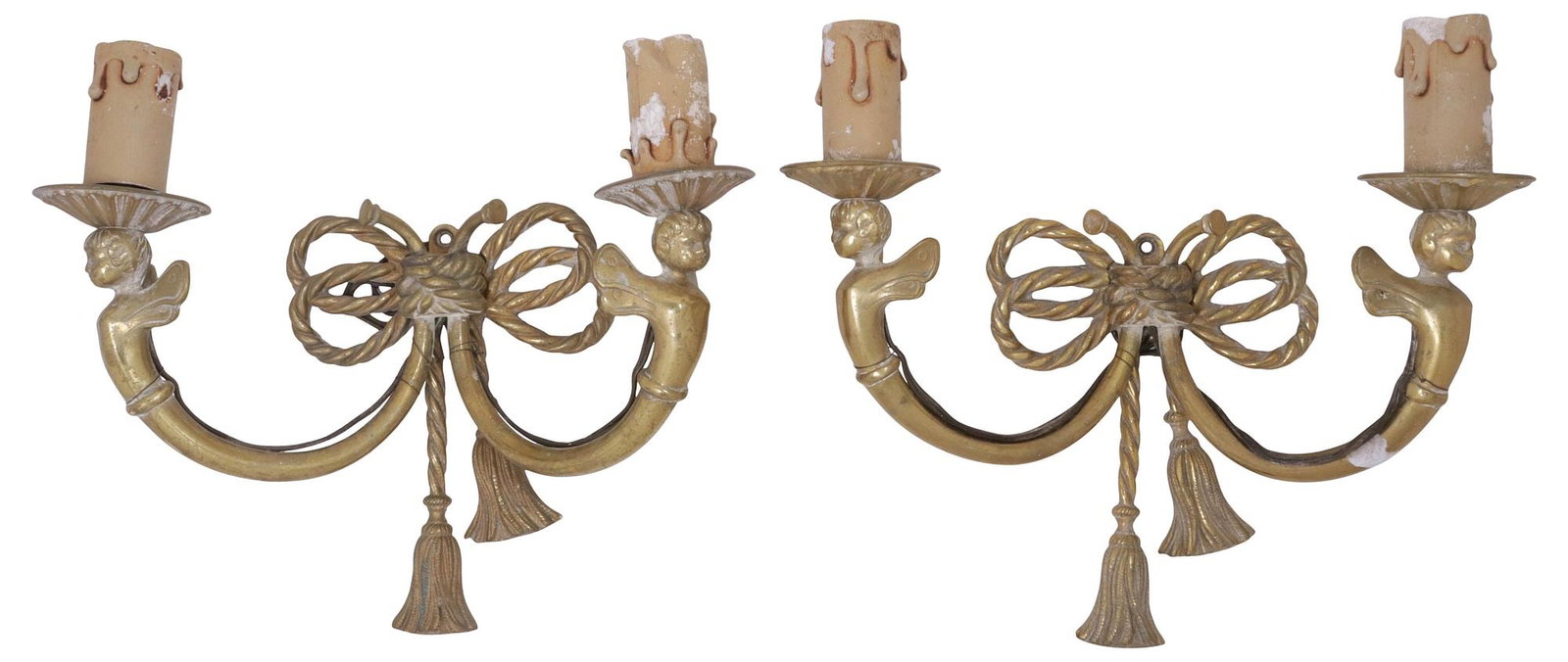 (2) FRENCH LOUIS XVI STYLE GILT METAL 2-LIGHT CHERUB WALL SCONCES: (pair) French Louis XVI style gilt metal two-light wall sconces, early 20th c., each having tied ribbon plaque with tassel motifs, issuing two cherub-form arms, terminating on faux candles, in need of
