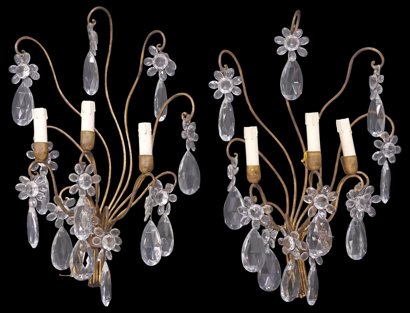 (2) MAISON BAGUES STYLE GILT IRON & CRYSTAL FOLIATE 3-LIGHT WALL SCONCES (1 of 3)
